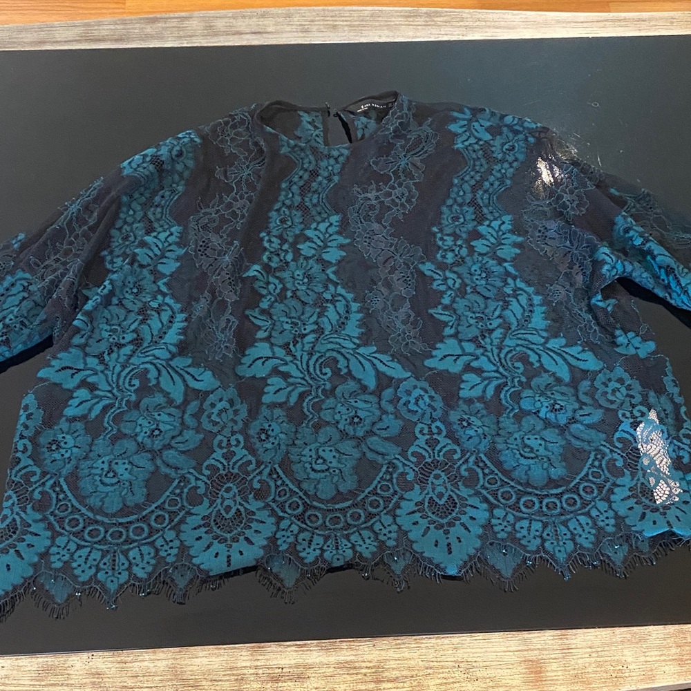 Zara Teal and Black Lace Blouse